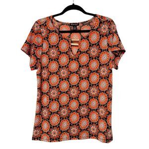 By Design Short Sleeve Keyhole Floral Blouse Orange Blue‎ Size XL